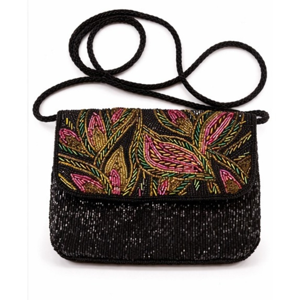 Vintage La Regale Mod Floral Evening Beaded Clutch Shoulder Bag Black Satin Cord